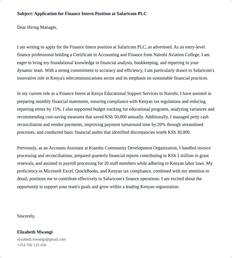 finance intern cover letter