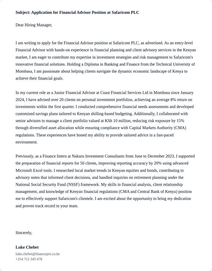 financial advisor cover letter