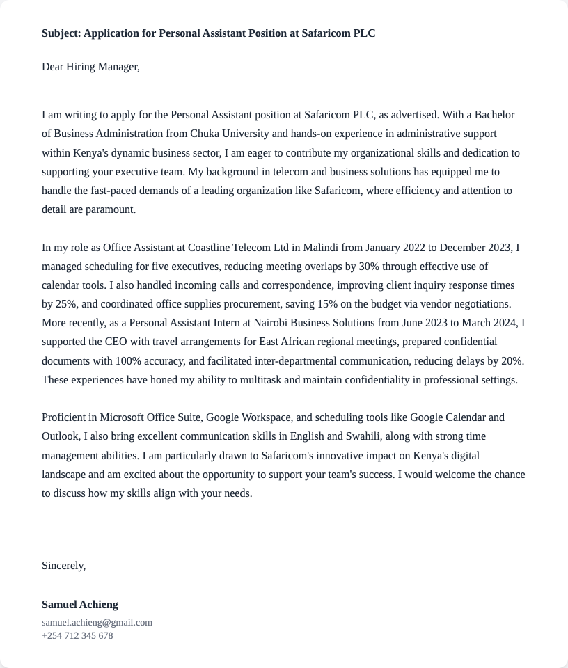 personal assistant cover letter