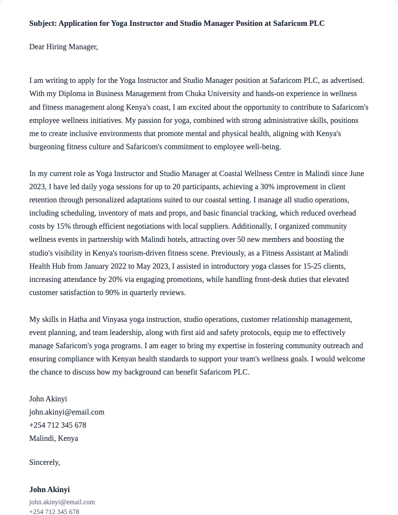 yoga instructor and studio manager cover letter